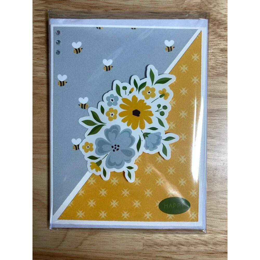 Bee & Flowers Greeting Card – Handmade A2 Card – All Occasion Blank Card